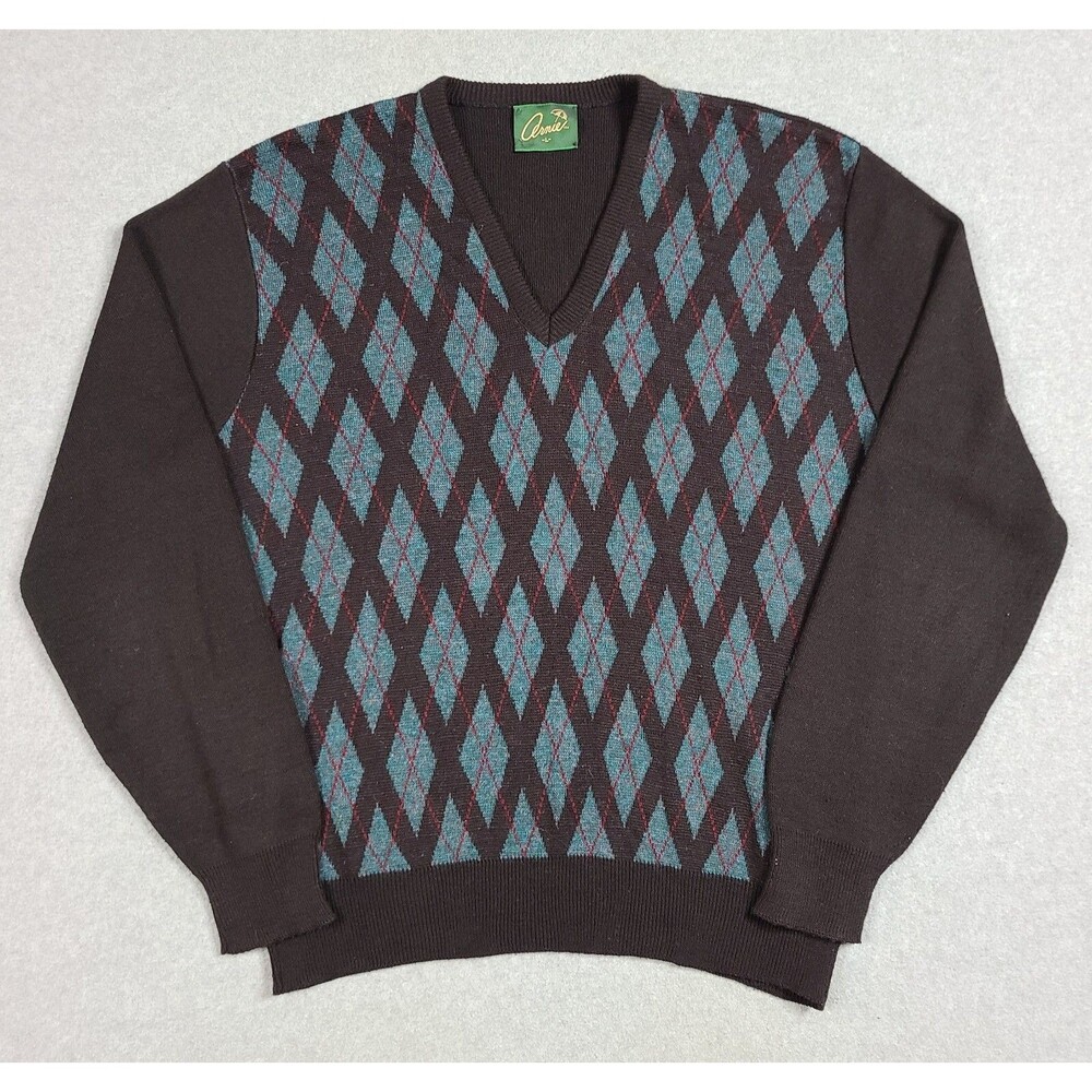 Vintage Arnie Arnold Palmer V Neck Sweater Sz L Diamond Plaid Checkered Golf USA